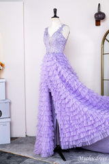 2025 Hot Lavender Lace Prom Dresses Layered V Neck Slit - MyChicDress