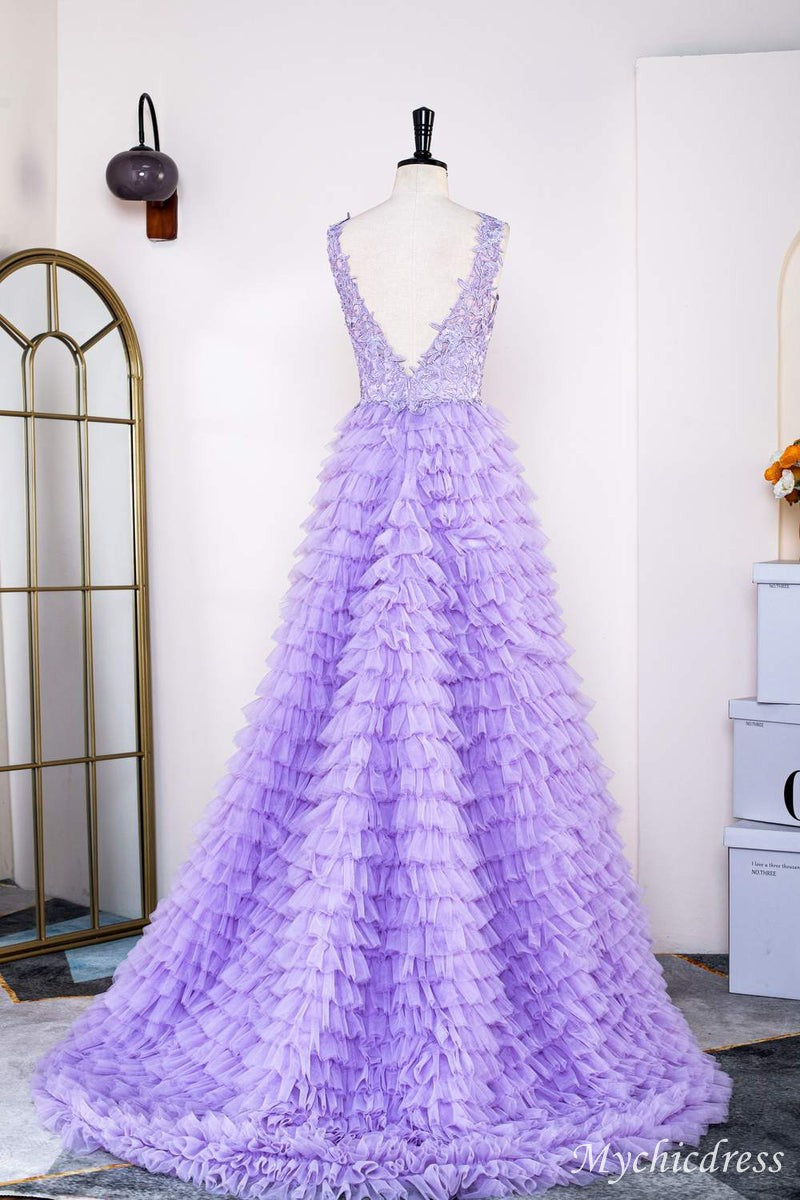 2025 Hot Lavender Lace Prom Dresses Layered V Neck Slit - MyChicDress