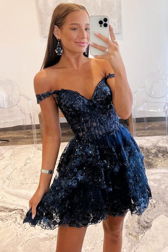 Hot Navy Blue Tulle Sequin Prom Dress Short Sheer Corset Bodice - MyChicDress