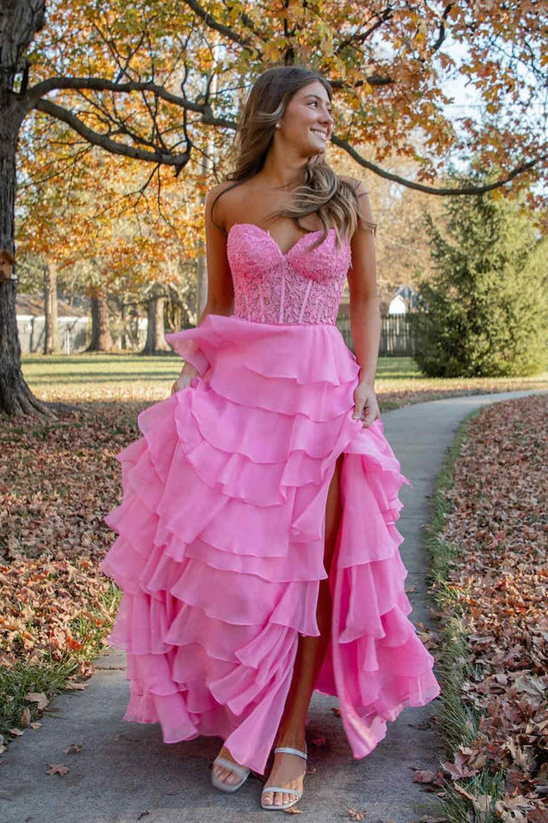2025 Hot Pink Corset Long Prom Dresses Ruffle Sweetheart Lace Chiffon - MyChicDress