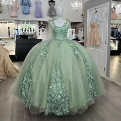 Vestidos de quinceañera de color verde salvia, vestido de baile con flores 3D, vestido dulce 15