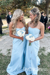 Hot Satin Beach Bridesmaid Dress Light Blue Strapless with Bow back