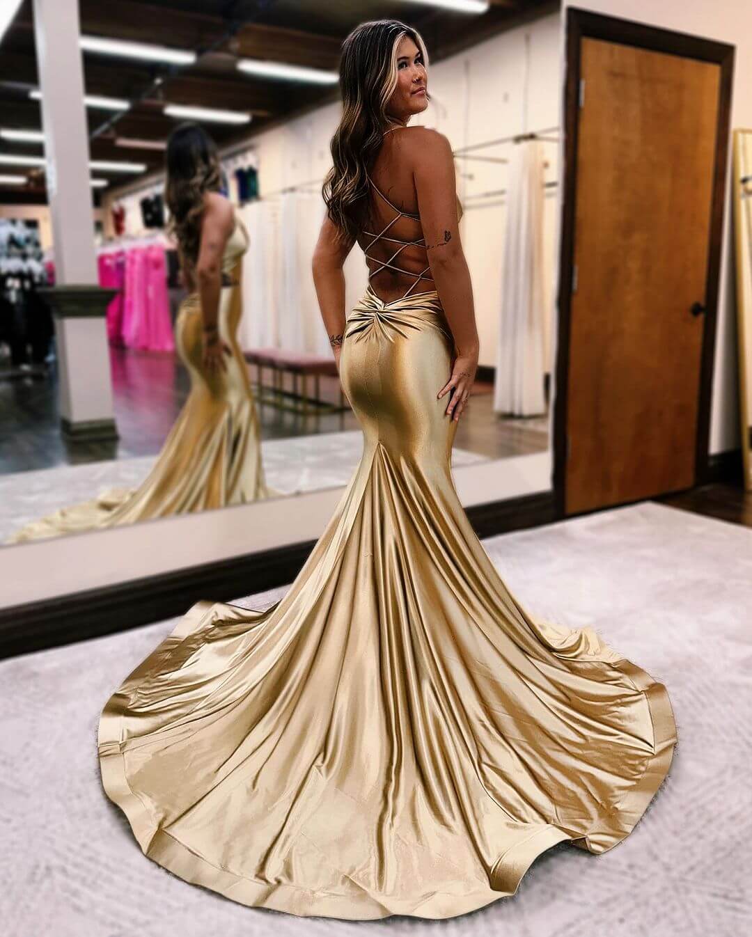 Hot Simple Gold Prom Dresses 2024 Satin Mermaid Formal Dress - MyChicDress