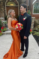 Ruched Mermaid Long Strapless Orange Prom Dress  Gown  Mychicdress