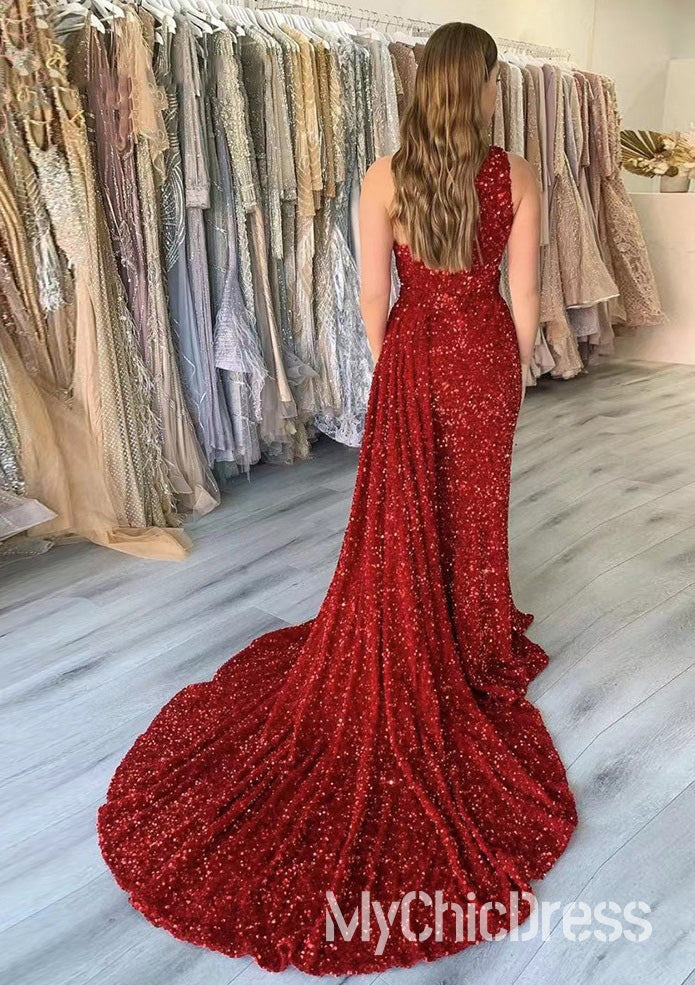 Vestidos de fiesta rojos de sirena con un solo hombro y cola de lentejuelas
