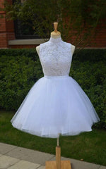 Knee-Length Lace Wedding Dress High neck Tulle Beading - MyChicDress