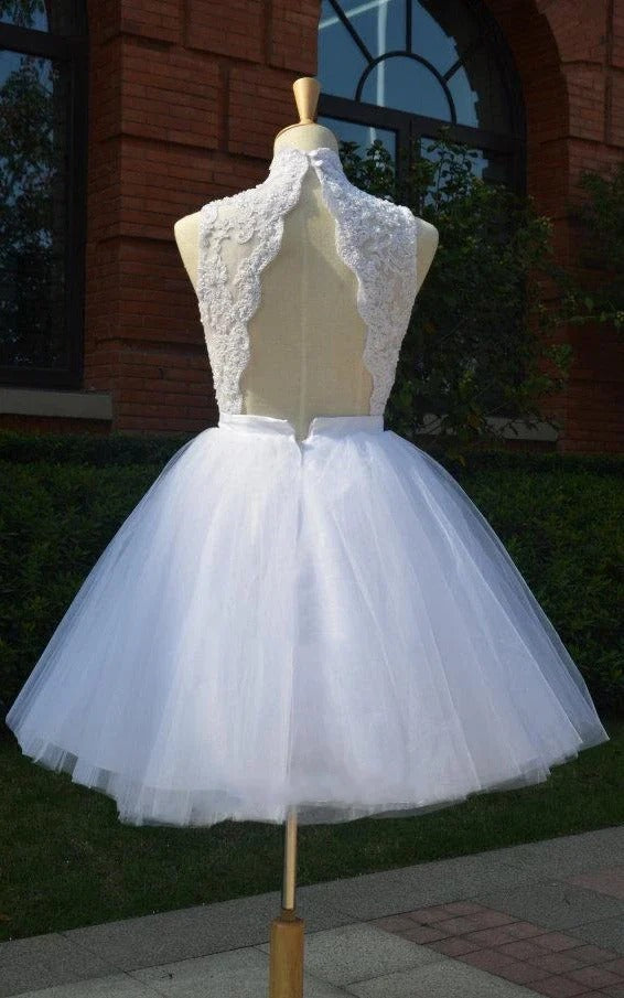 Knee-Length Lace Wedding Dress High neck Tulle Beading - MyChicDress