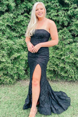 Lace Black Formal Dress Strapless Mermaid Prom Dress