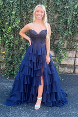 Navy Blue Lace Chiffon Tiered prom Dress Strapless with Ruffles