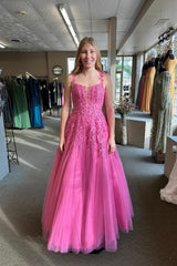 Cheap Lace Embroidery Hot Pink Long Prom Dress A-line Mychicdress