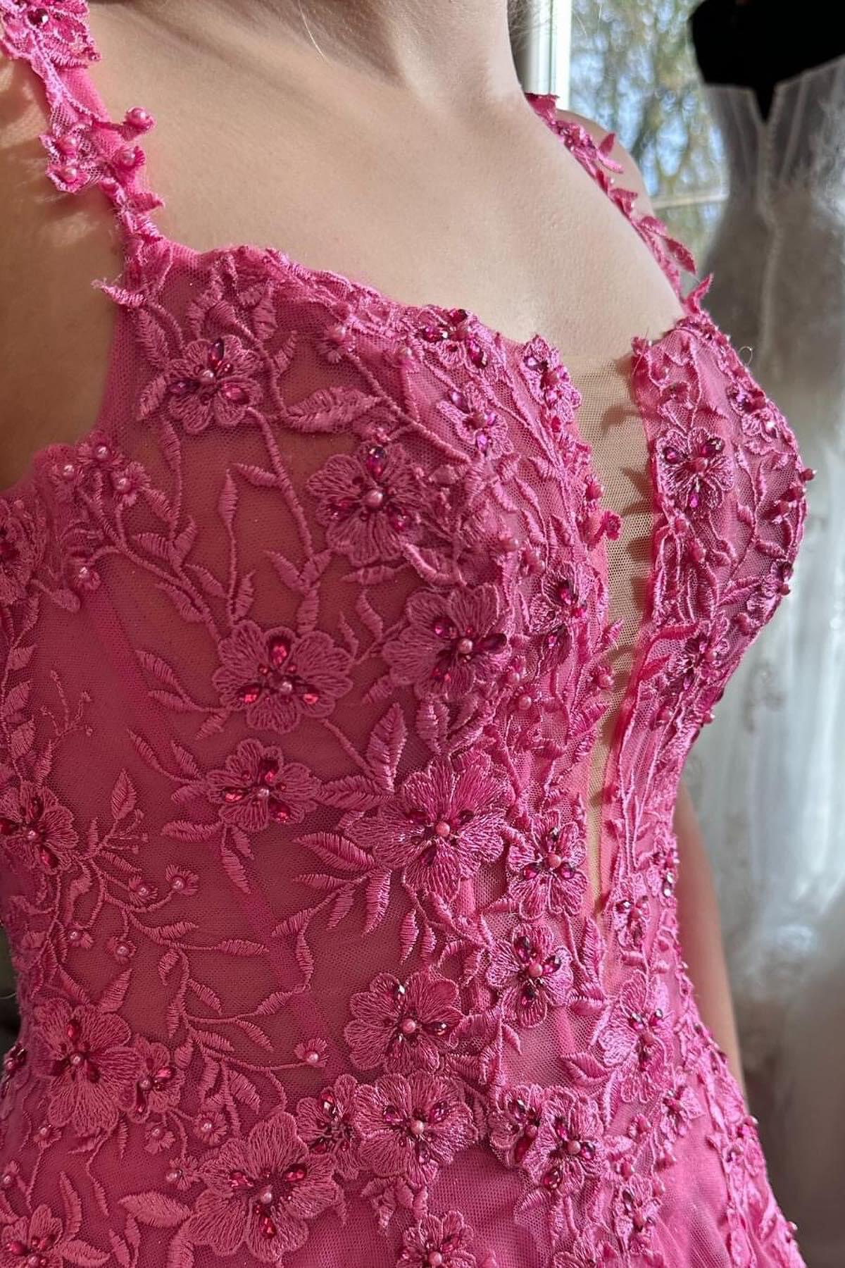 Vestido de fiesta largo de encaje bordado rosa intenso barato de corte A