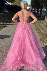 2024 Vestidos de noche de encaje rosa Vestidos formales largos sin espalda de tul con abertura alta