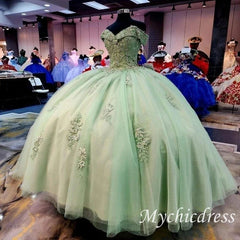 Lace Sage Green Bodice Quinceanera Dress Off-Shoulder Sweetheart - MyChicDress