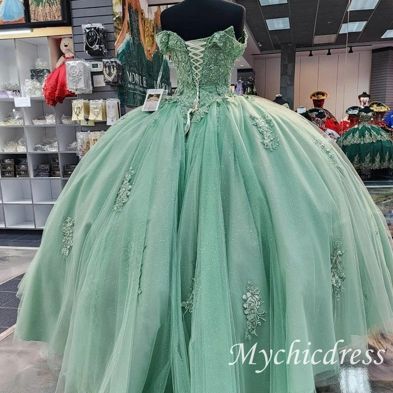 Lace Sage Green Bodice Quinceanera Dress Off-Shoulder Sweetheart - MyChicDress