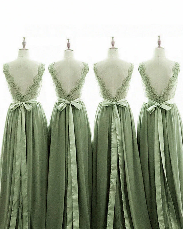 Lace Sage Green Bridesmaid Dresses Boho V-neck Straps Appliques - MyChicDress