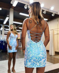 Vestidos de fiesta azules cortos ajustados con encaje para adolescentes