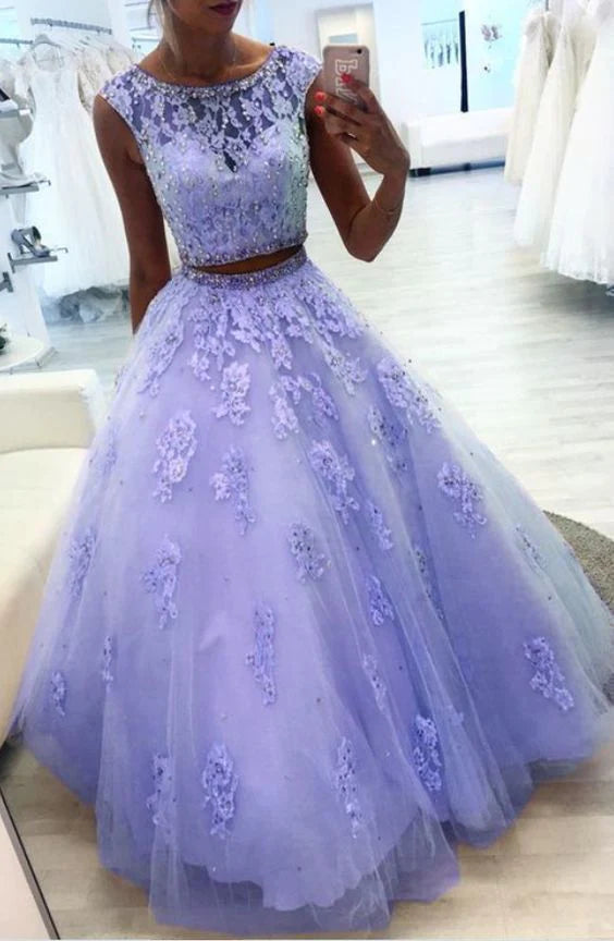 Lavender Prom Dress Two Pieces Lace Custom Made Long Evening Gowns - MyChicDress