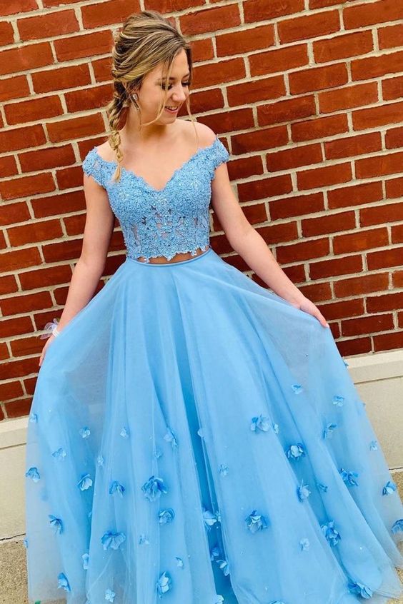 Light Blue 2 Piece Prom Dresses Off the Shoulder Flower Long Evening Gowns MyChicDress