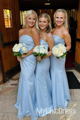 Light Blue Crepe Wedding Party Dress Satin Sheath Long Bridesmaid Gown