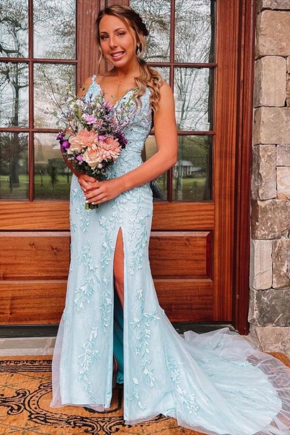 Light Blue Lace Graduation Dress Mermaid Long Formal Dress - MyChicDress