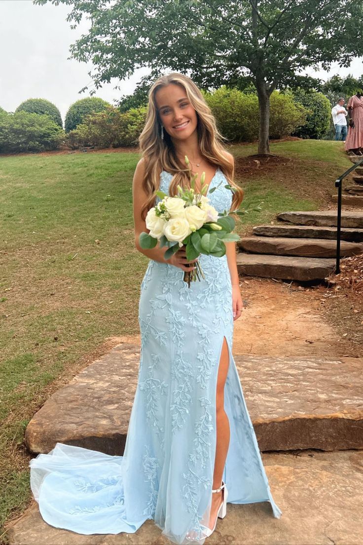 Light Blue Lace Graduation Dress Mermaid Long Formal Dress - MyChicDress
