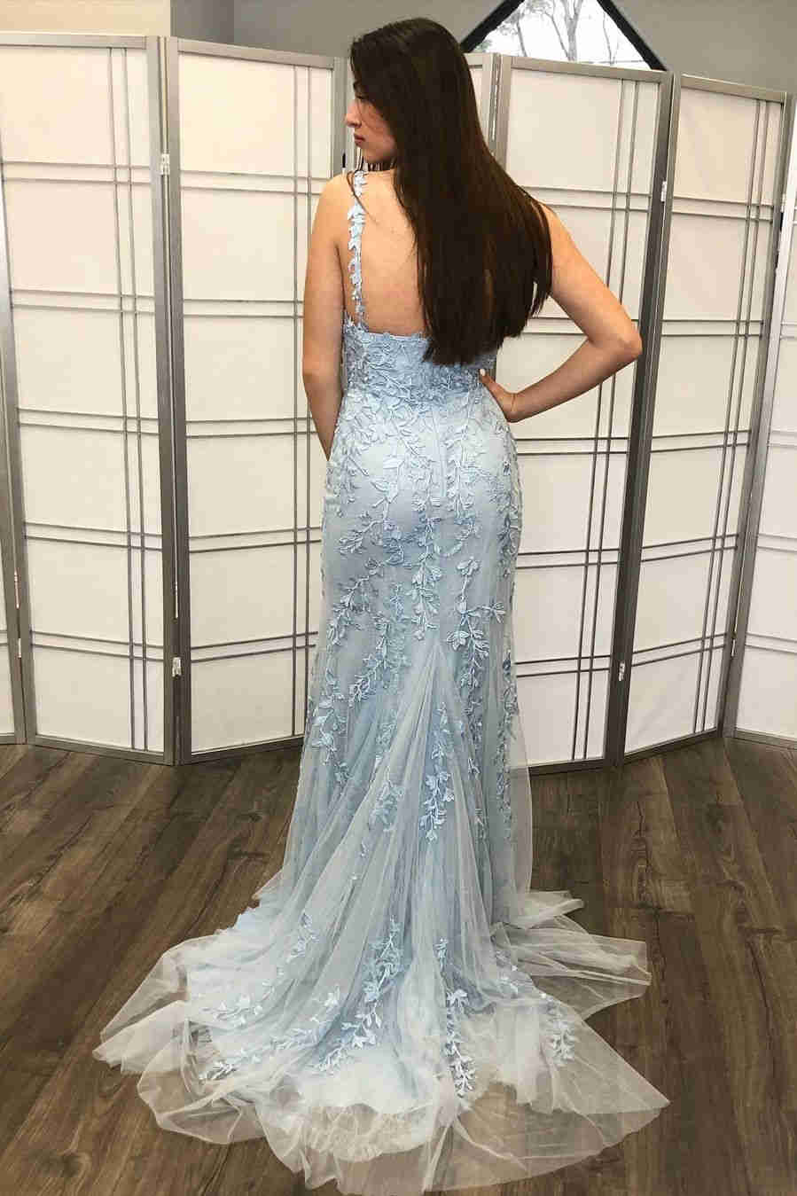 Light Blue Lace Graduation Dress Mermaid Long Formal Dress - MyChicDress