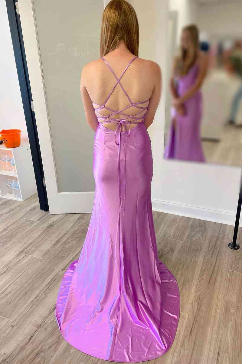 Lilac Long Evening Dress Sleeveless Cowl Neck Satin Prom Dress - MyChicDress