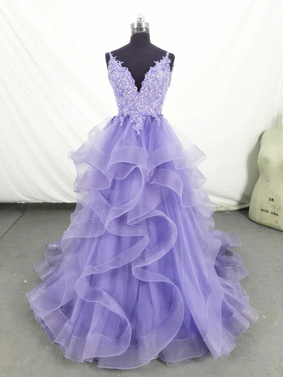 Lilac Purple prom Dresses Tiered Staps Evening Gowns Lace - MyChicDress