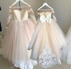 Vestidos de niña de flores con encaje y lazos de tul, vestido de fiesta de boda de princesa con mangas