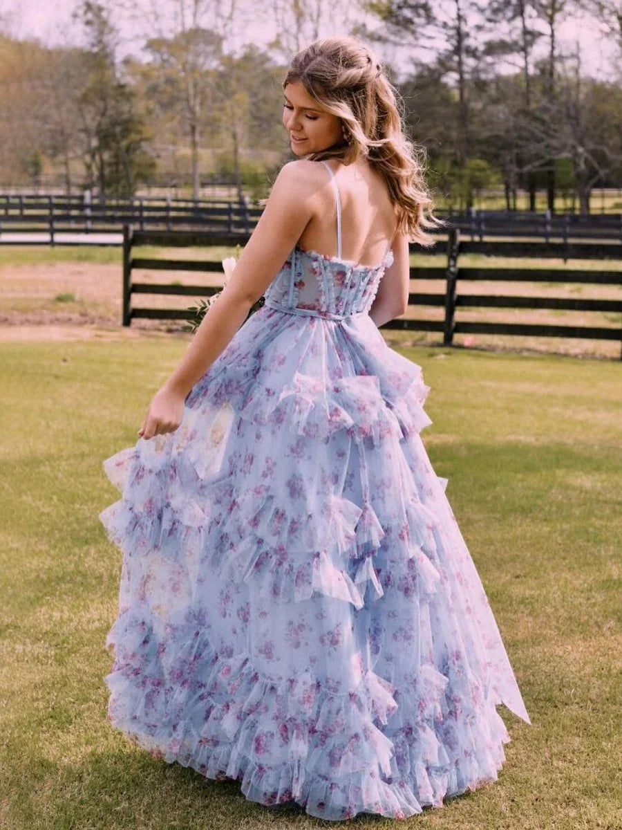 Long A-Line Floral Ruffles Blue Prom Dresses Corset Tulle
