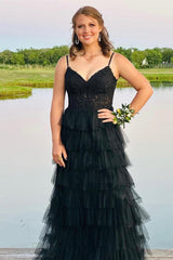 Long Black Tiered Prom Dresses V Neck Straps Beaded Appliques Lace Evening Dress MyChicDress