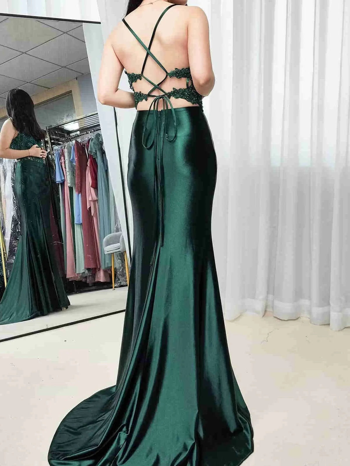 Vestidos de noche largos y verdes, tirantes de encaje, vestido Formal fruncido de sirena, apliques
