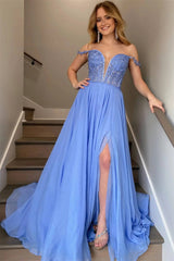 Long Prom Dresses Blue Lace Off Shoulder Evening Dress with Slit MyChicDress