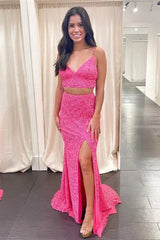 Vestidos de fiesta de dos piezas de color verde sirena con lentejuelas largas