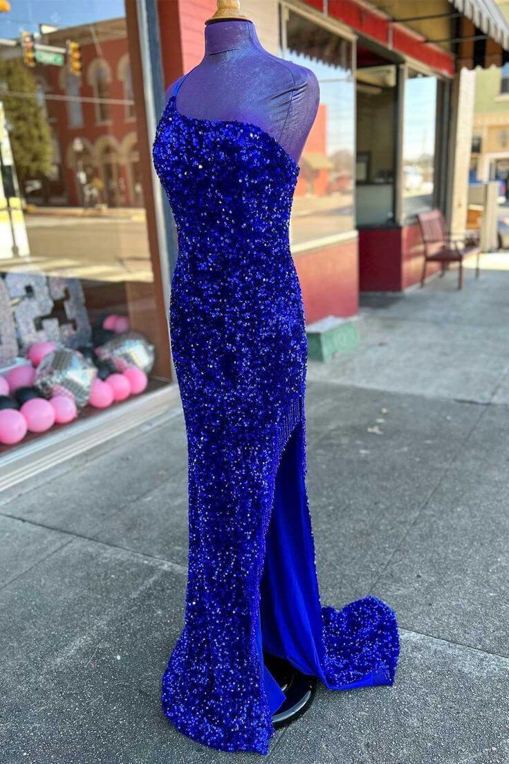 Long Sequin Prom Dress 2024 Royal Blue Formal Dresses One-Shoulder MyChicDress