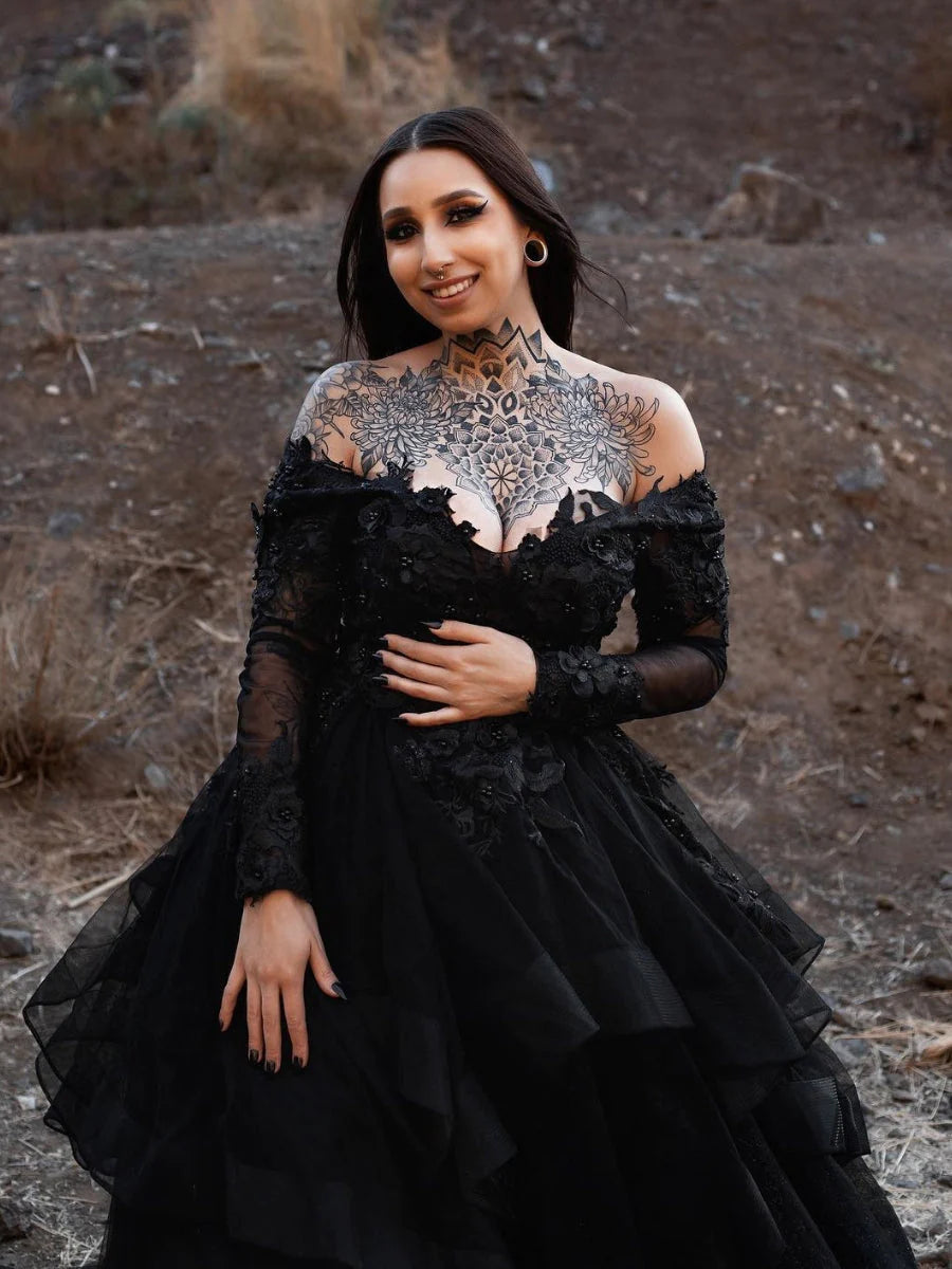 Long Sleeves Black Wedding Dress Gothic Off Shoulder V-neck Tiered Skirt MyChicDress