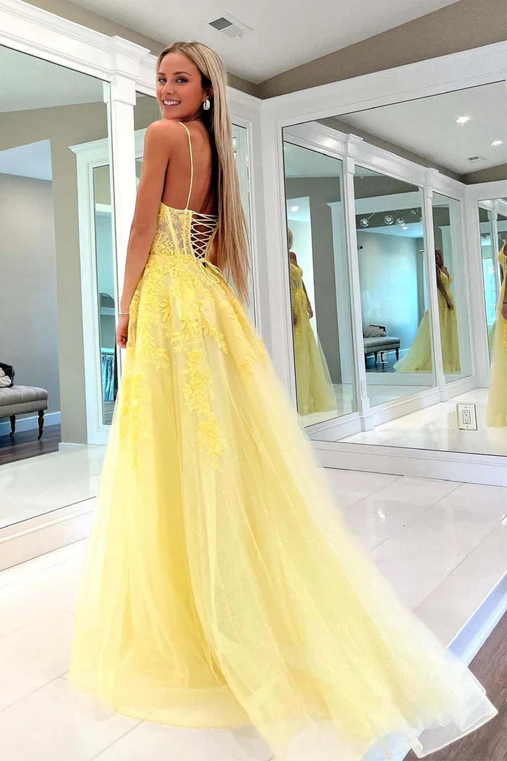 Long Yellow Floral Prom Dresses A-line