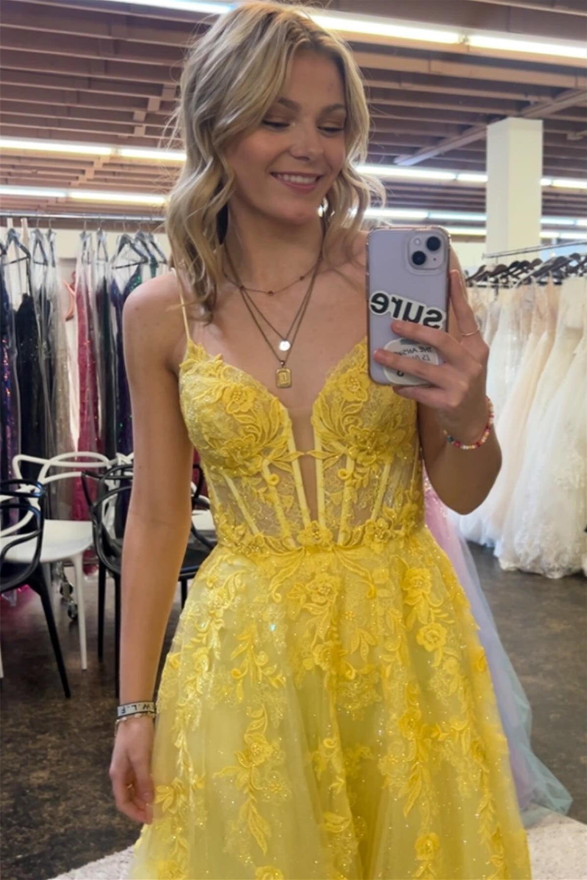 Long 2024 Yellow Floral Prom Dresses A-line Spaghetti Straps - MyChicDress