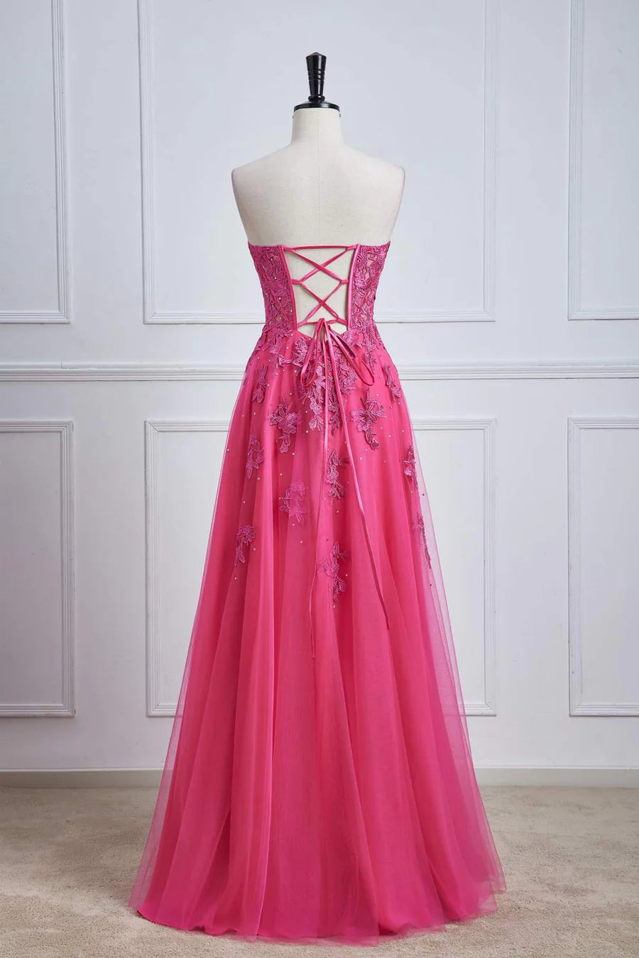 Long Fuchsia Prom Dresses Strapless A-line Floral Formal Wear Slit - MyChicDress