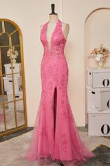 2024 Vestido de fiesta de encaje largo Apliques de vestido formal de sirena halter rosa fuerte