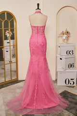 2024 Vestido de fiesta de encaje largo Apliques de vestido formal de sirena halter rosa fuerte
