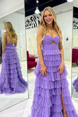 Long Purple Tulle Prom Dresses Ruffle Sweetheart Keyhole Slit