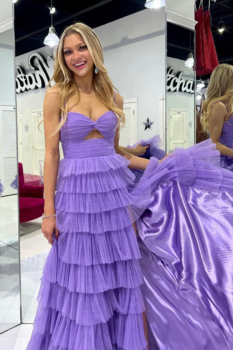 Long Purple Tulle Prom Dresses Ruffle Sweetheart Keyhole Slit - MyChicDress