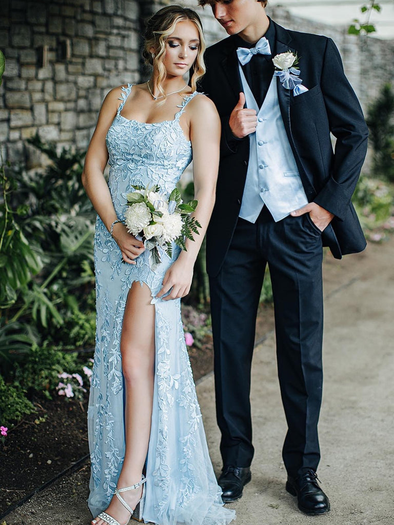 Long Mermaid Lace Light Blue Formal Prom Dresses Open Back - MyChicDress