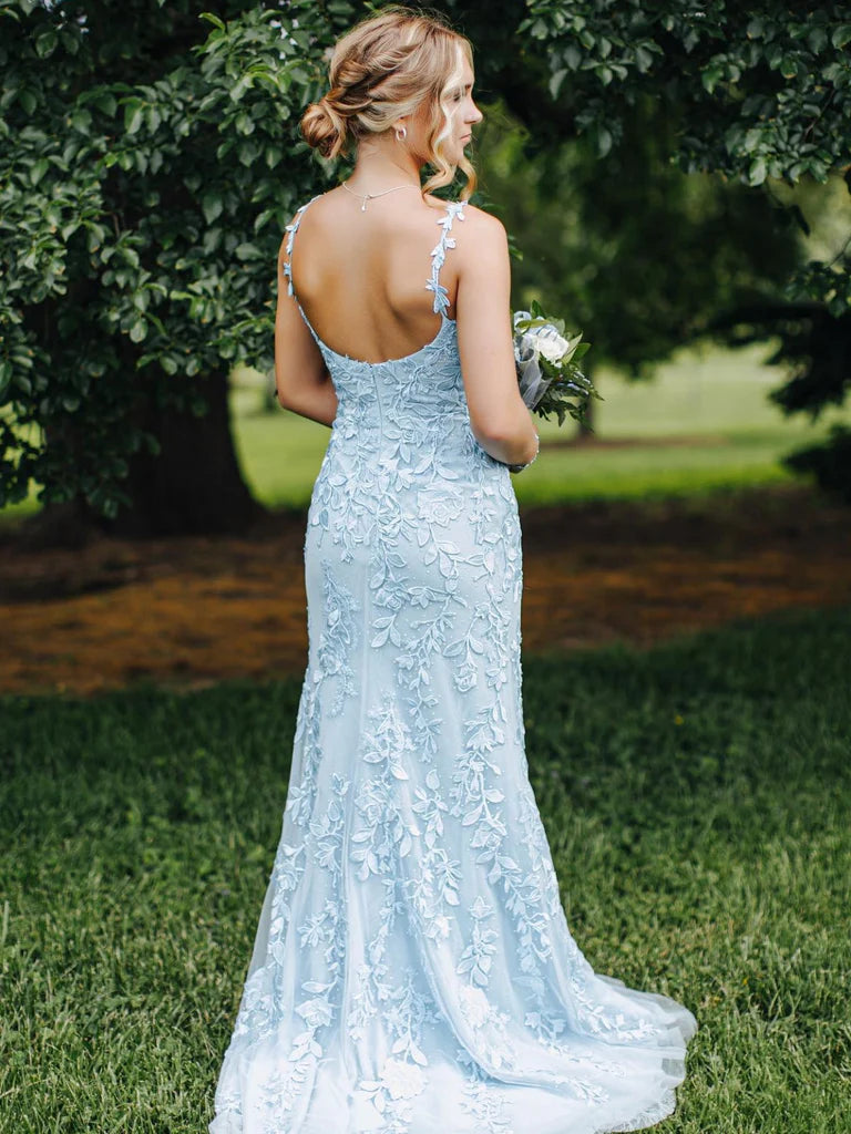 Long Mermaid Lace Light Blue Formal Prom Dresses Open Back - MyChicDress