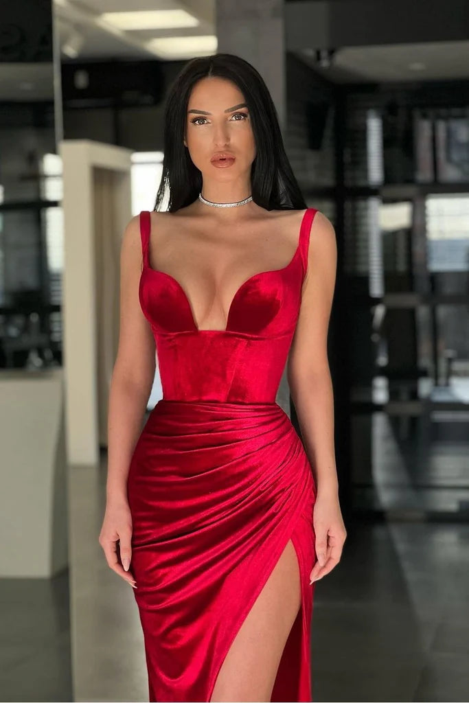 Long Mermaid Red Velvet UK Evening Dresses for Women Straps - MyChicDress