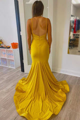 Vestidos De Fiesta Largos De Color Amarillo Mostaza Con Tirantes Sirena Plisada