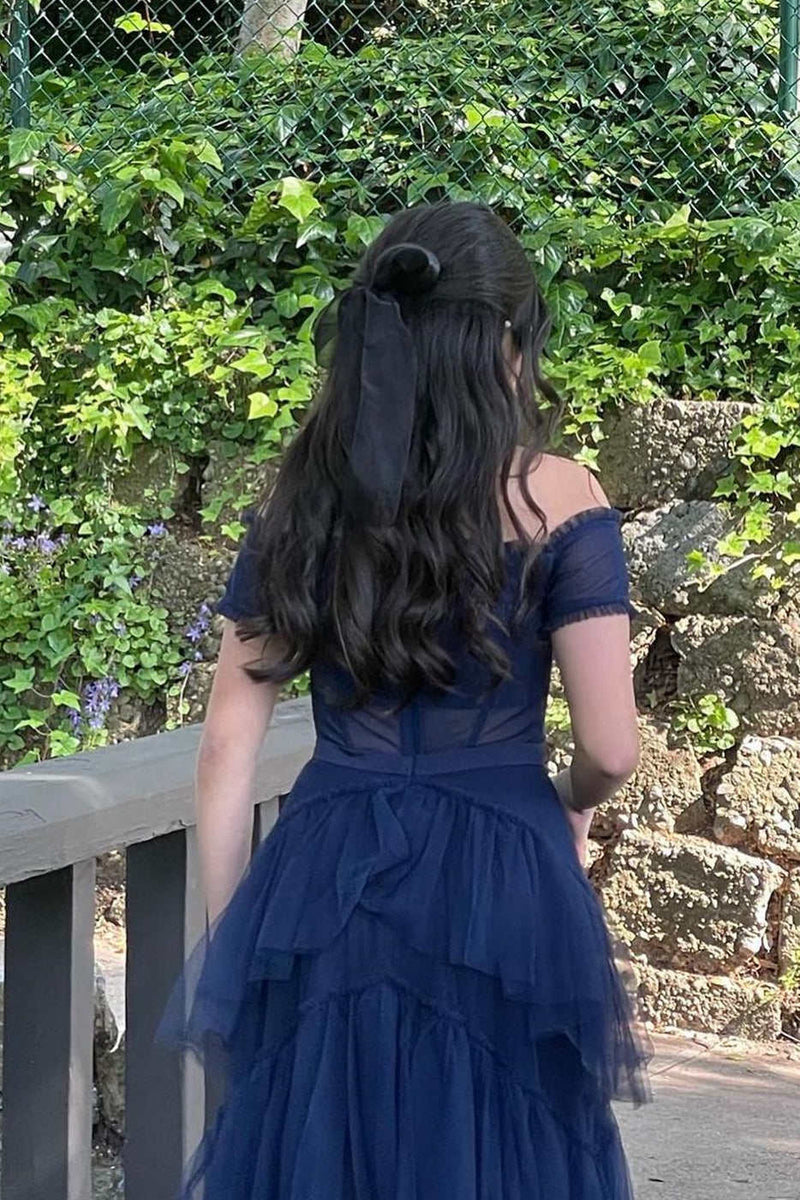 Long Navy Blue Tiered Prom Dress Tulle Off the Shoulder Formal Dress - MyChicDress