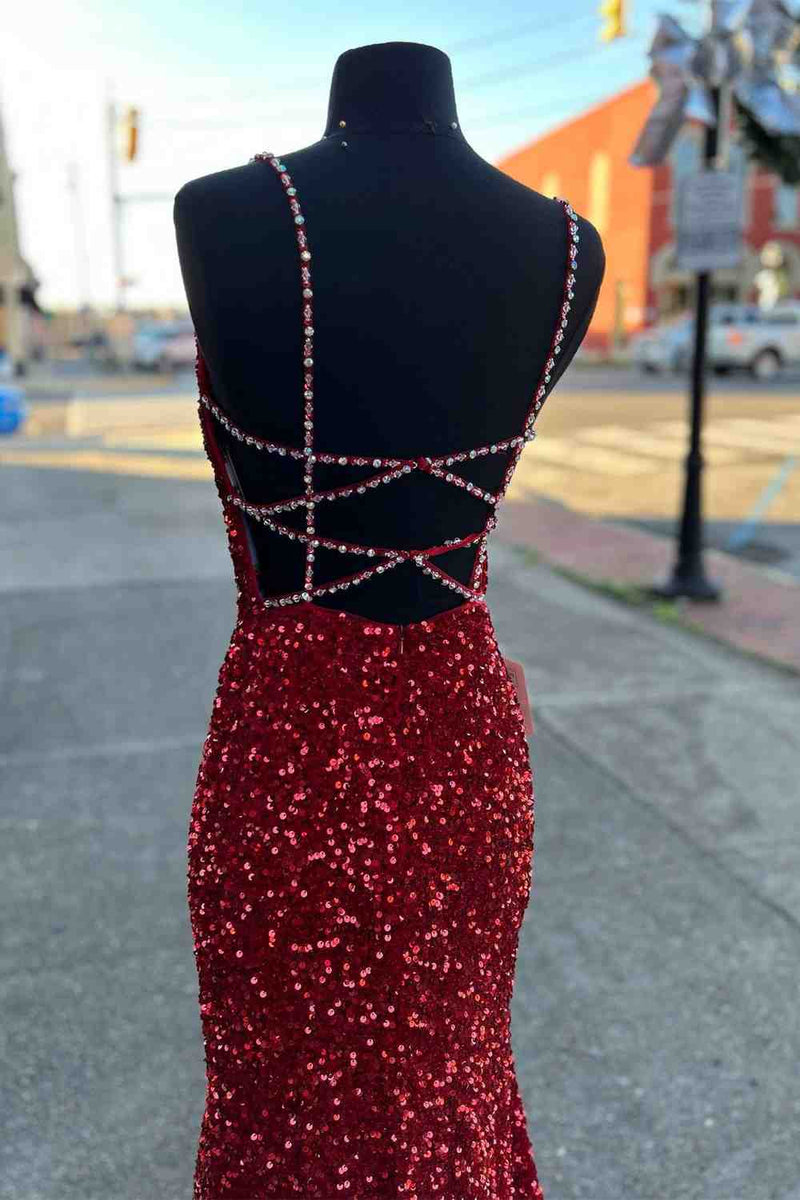 2025 Long Prom Dresses Red Sequins Beaded Mermaid Evening Dress Straps - MyChicDress