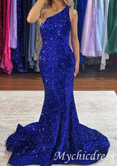 Long Prom Dresses Royal Blue One Shoulder Sequin Evening Gown UK - MyChicDress